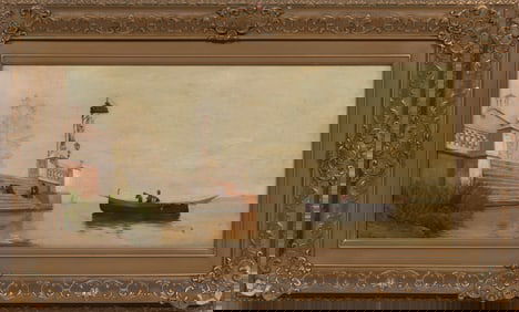 Hermann David Salomon Corrodi, Italian 1844-1905, "Boat approaching a Roman Palazzo", oil on canvas
