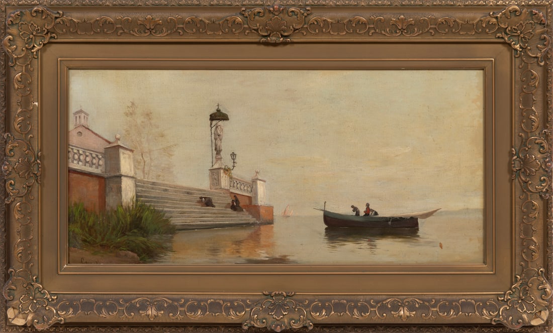 Hermann David Salomon Corrodi, Italian 1844-1905, "Boat approaching a Roman Palazzo", oil on canvas (1 of 3)