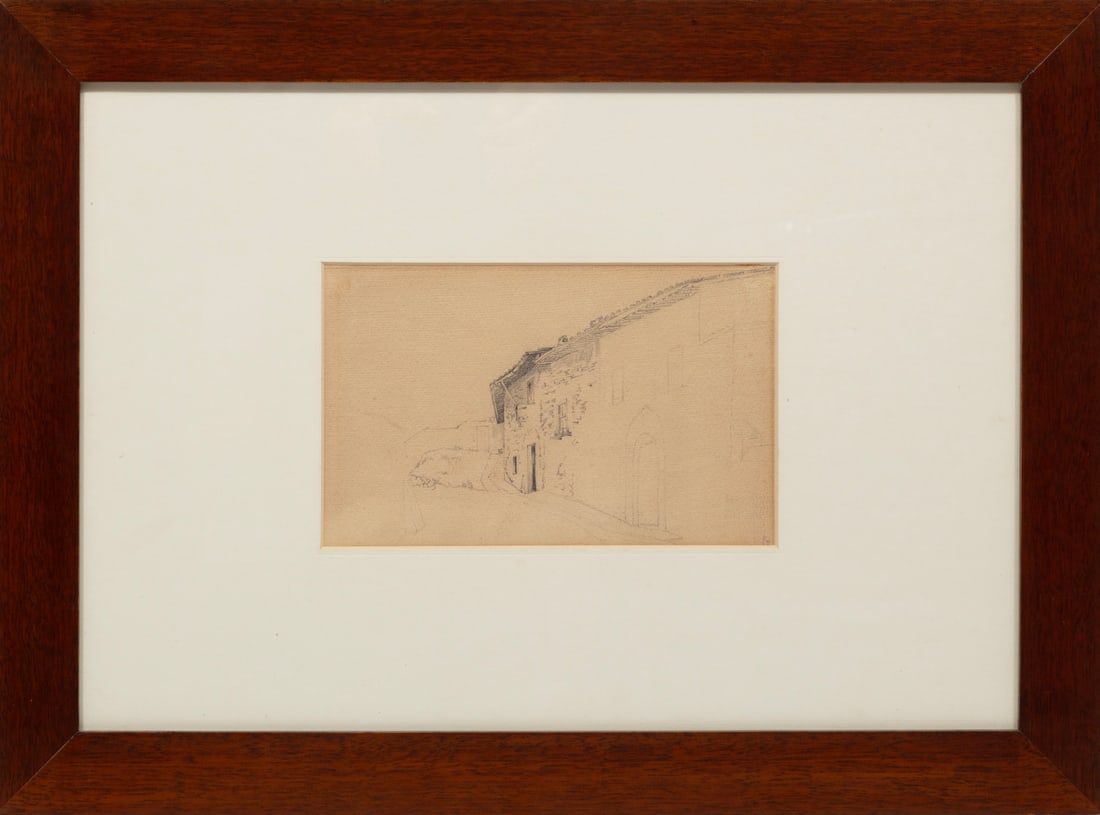 Odoardo Borrani, Italian 1833-1905, "Casolare", graphite on paper: Odoardo Borrani Italian 1833-1905 "Casolare" graphite on paper initialed lower right, signed en verso, framed. Provenance: Galleria Guelfa, Firenze; The Sheldon and Irma Gilgore Collection, Naples, FL