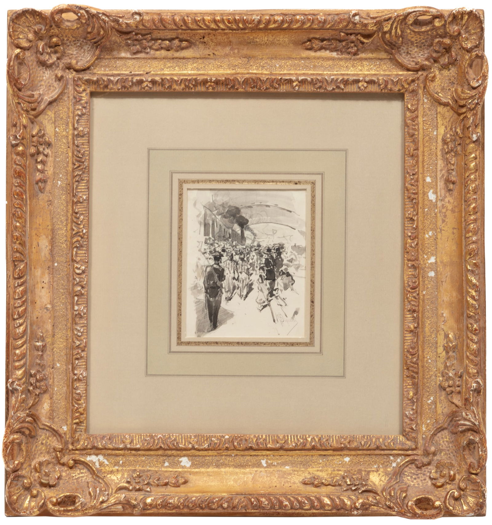 Telemaco Signorini, Italian 1835-1901, "Folla", graphite and ink wash on paper (1 of 3)