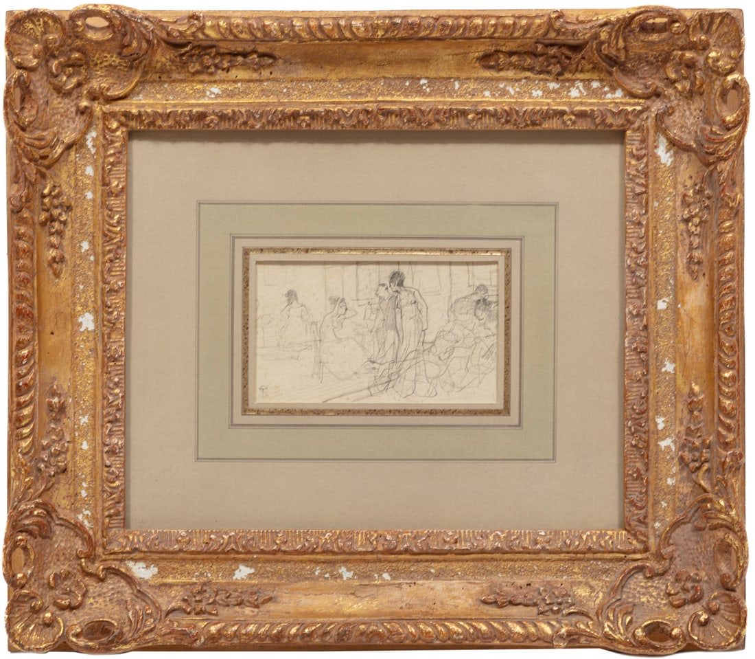 Telemaco Signorini, Italian 1835-1901, "Study for Le Toilette Del Mattino", graphite on paper: Telemaco Signorini Italian 1835-1901 "Study for Le Toilette Del Mattino" graphite on paper monogrammed lower left, partial sketch and inscribed en verso, "Borghi & Co., New York, NY" label with artist