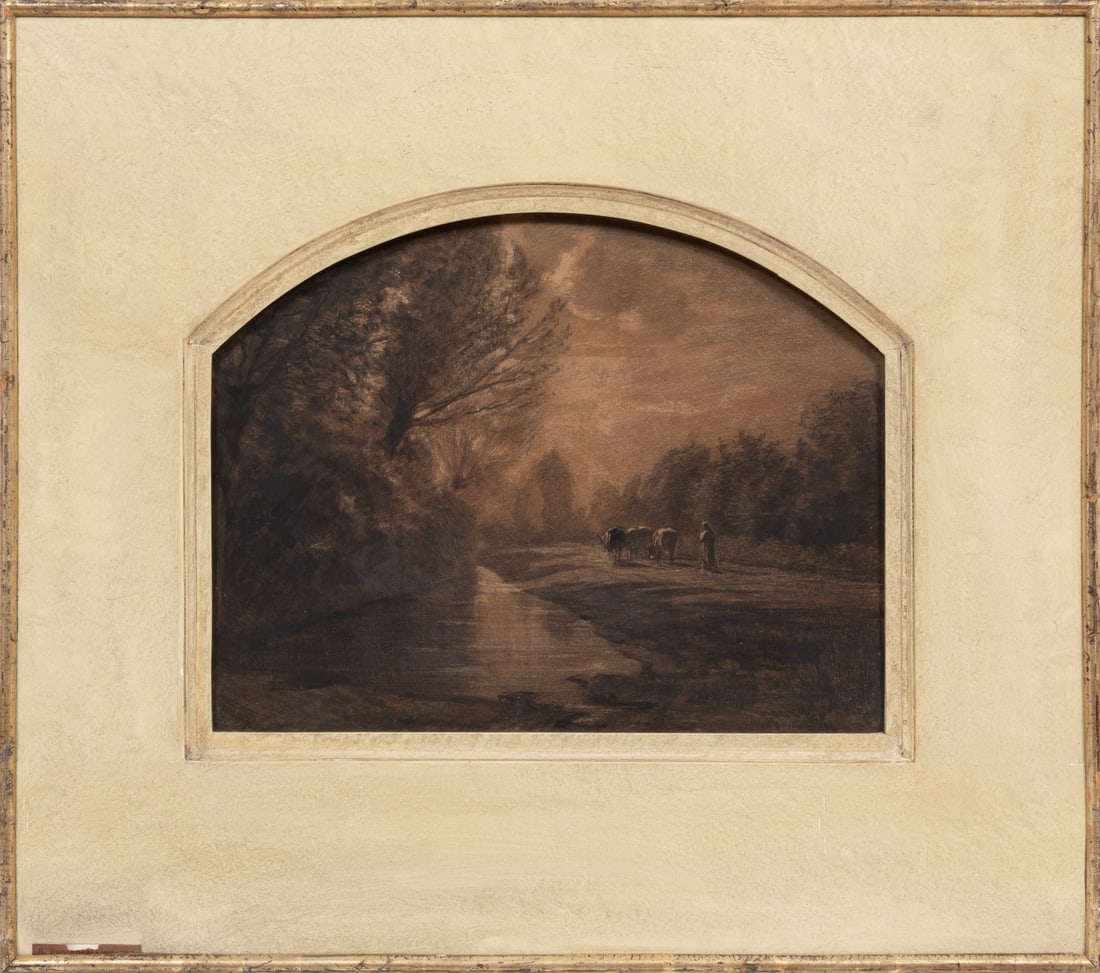 Antonio Fontanesi, Italian 1818-1882, "L'andasa al Paseolo", charcoal on arch-shaped paper laid on (1 of 3)