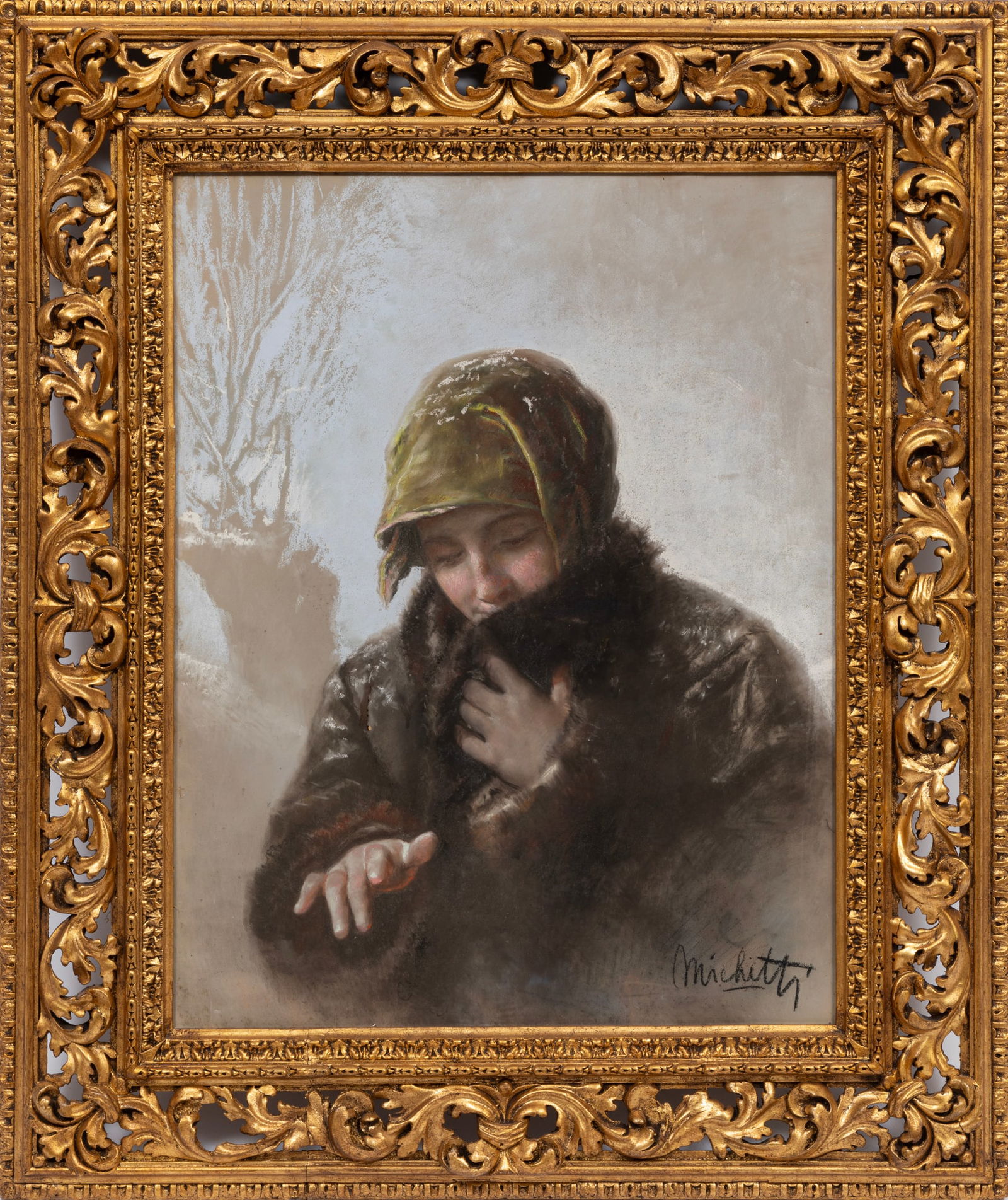 Francesco Paolo Michetti, Italian 1851-1929, "Winter", pastel on paper: Francesco Paolo Michetti Italian 1851-1929 "Winter" pastel on paper signed lower right, "Borghi & Co., New York, NY" label with artist and title on backing paper, framed. Provenance: Borghi & Co., New