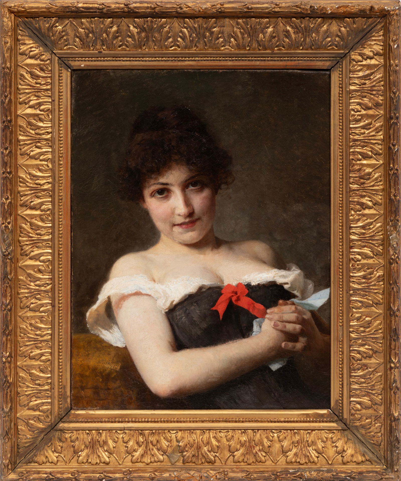 Ernesto Fontana, Italian 1837-1918, "Portrait of a Young Italian Girl", oil on linen: Ernesto Fontana Italian 1837-1918 "Portrait of a Young Italian Girl" oil on linen 1887, signed, dated and inscribed "Milano" upper right, artist name inscribed on reverse of frame, framed. Provenance: