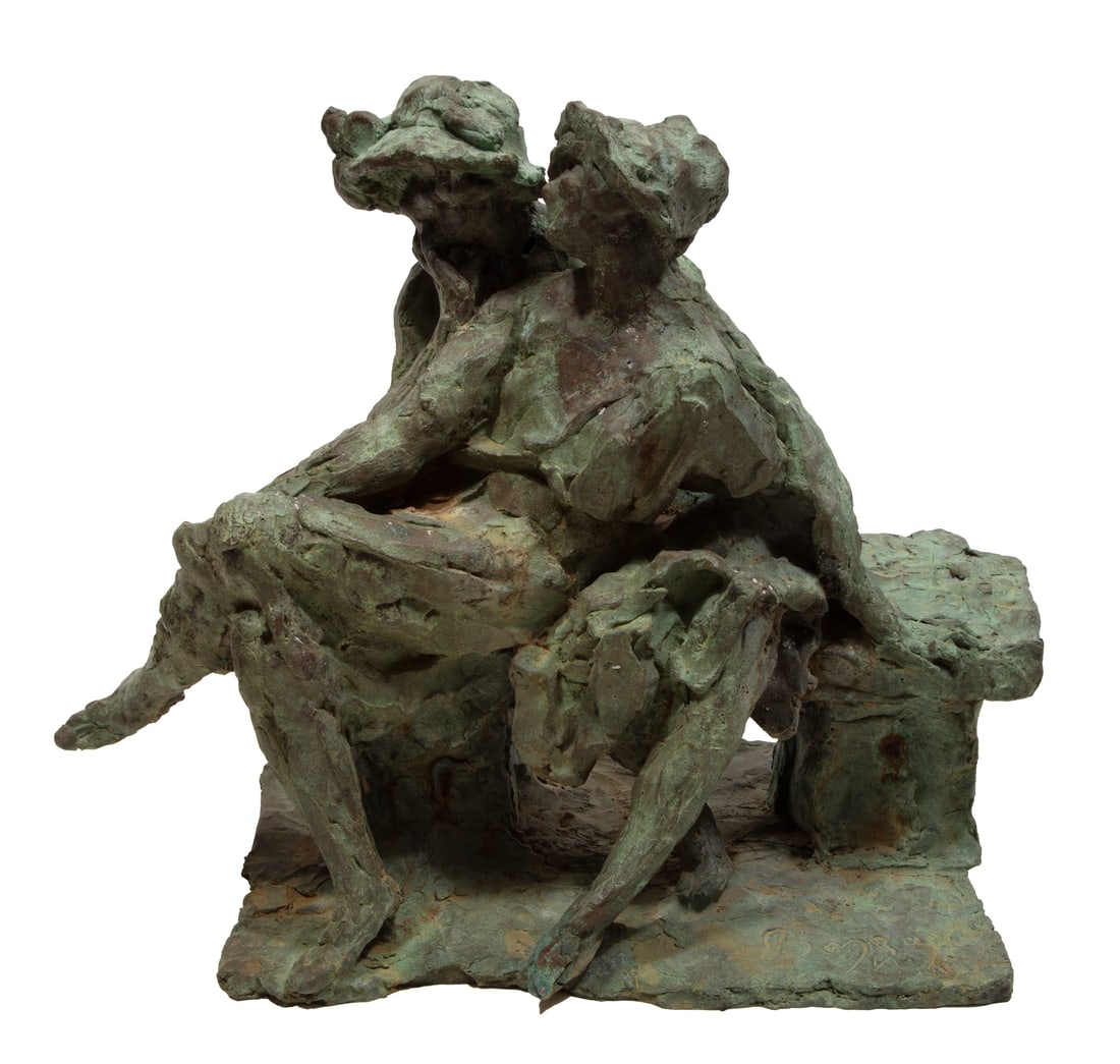 Ernesto Bazzaro, Italian 1859-1937, "Conversation on a Bench", bronze (1 of 5)