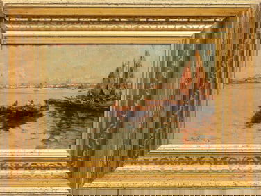 Eugenio Gignous, Italian 1850-1906, "Boats on a Lagoon, Venice", oil on panel