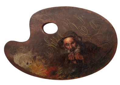 Domenico Pesenti, Italian 1843-1918, "Nelle Ora d'Ozio", oil on wood artist's palette