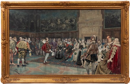 Giuseppe Aureli, Italian 1858-1929, "Columbus and Isabella at Court", watercolor on paper laid on