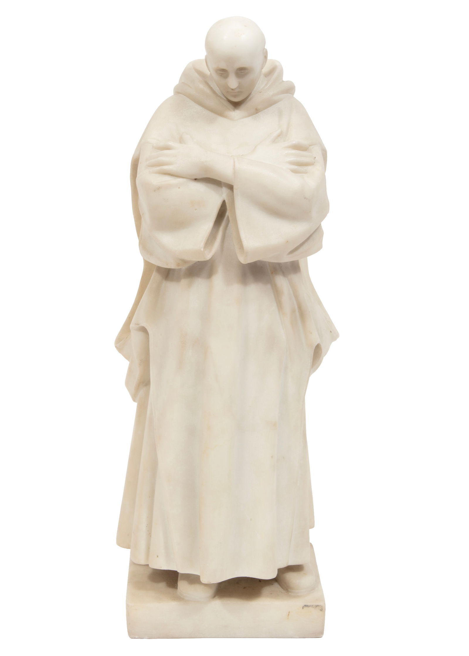 Giovanni Broggi, Italian 1853-1919, "Monk", white marble: Giovanni Broggi Italian 1853-1919 "Monk" white marble 1890, signed on self-base. Provenance: Convent of the Holy Sepulchre, Baden, Germany; Kunsthandel Michael Draheim, Germany, Aug. 27, 2003; The She