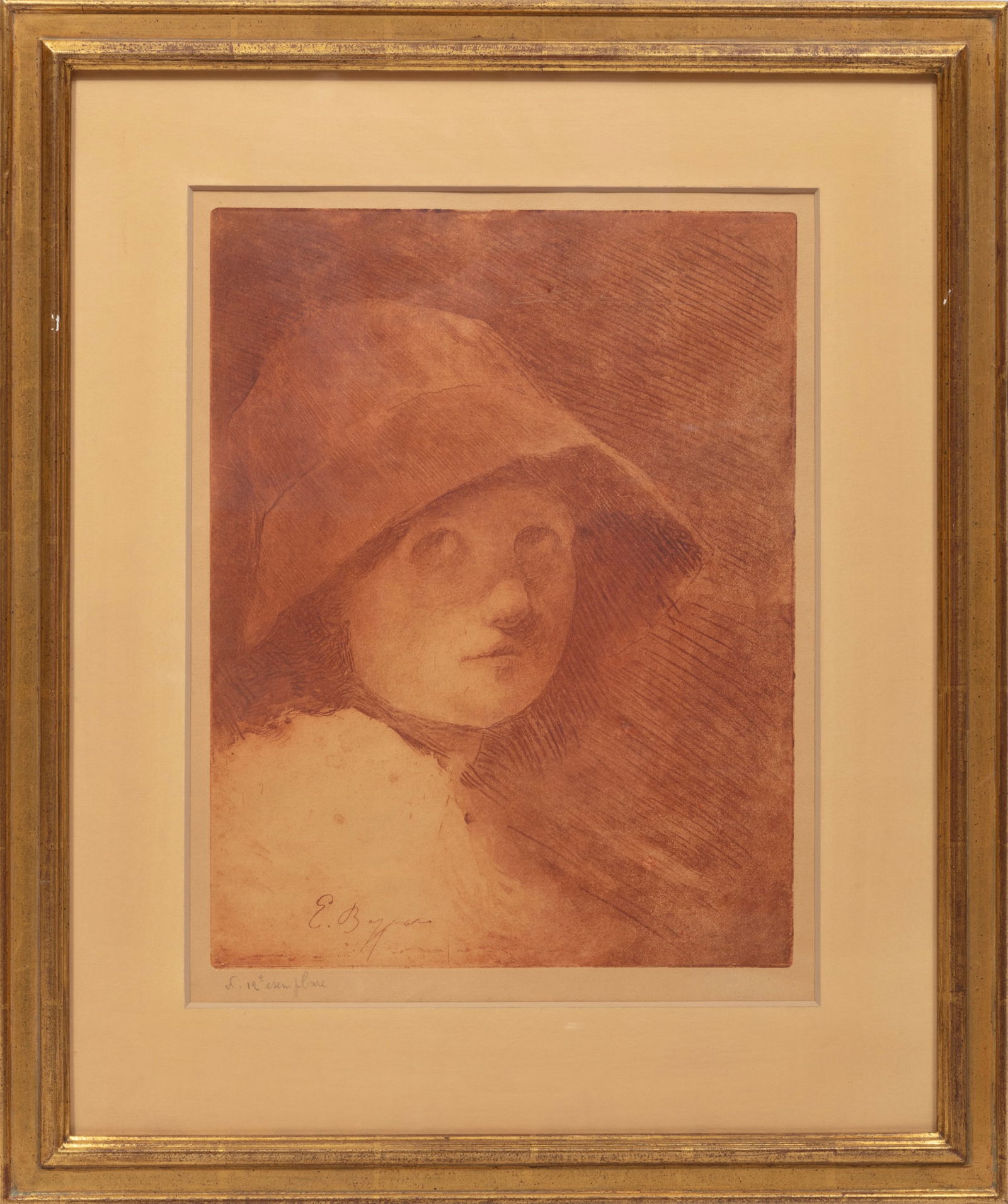 Ernesto Bazzaro, Italian 1859-1937, "Head of a Young Girl", monotype on paper: Ernesto Bazzaro Italian 1859-1937 "Head of a Young Girl" monotype on paper signed in plate lower left, illegibly pencil-inscribed lower margin, framed. Provenance: Interart Cultural Exchange, New York