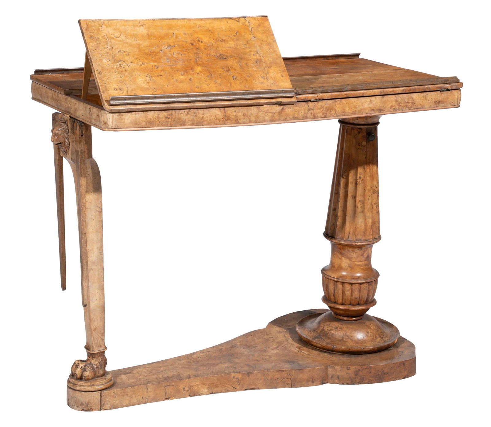 William IV Burl Walnut Metamorphic Music/Reading Table: William IV Burl Walnut Metamorphic Music/Reading Table early 19th c., adjustable standard, four adjustable reading slides, fluted tapering baluster support, shaped plinth base. 31.75 x 19.375 in. (Clo
