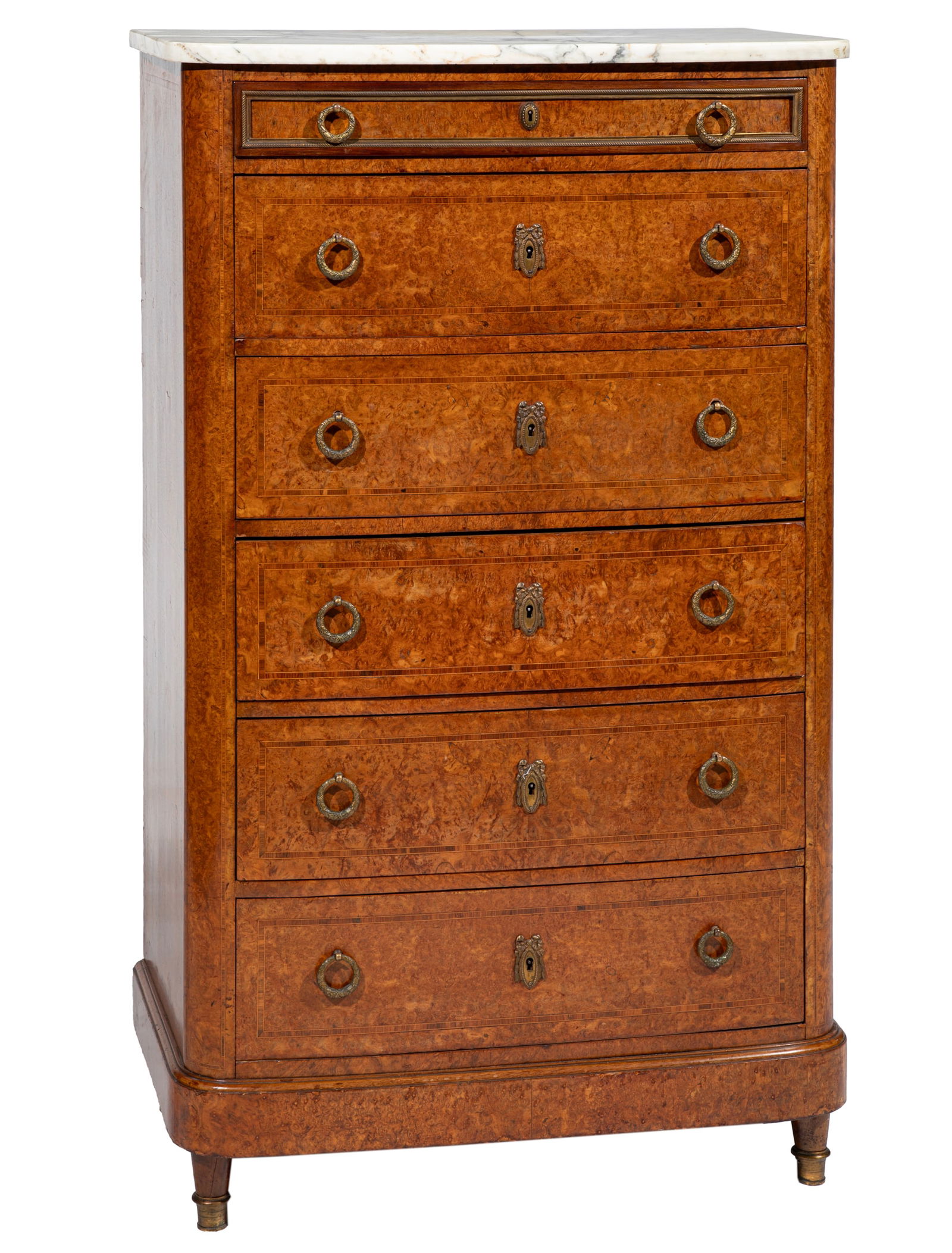 Louis Philippe-Style Inlaid Burlwood Chiffonnier: Louis Philippe-Style Inlaid Burlwood Chiffonnier late 19th c., marble top, six graduated drawers, molded plinth base, turned tapered legs 51 3/4 x 30 3/4 x 18 1/4 in. (131.4 x 78.1 x 46.4 cm.)