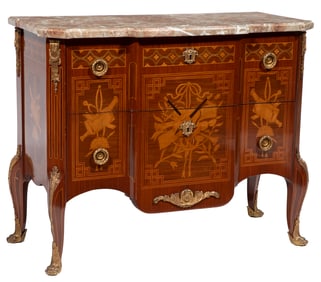 Louis XV/XVI-Style Bronze Mounted Marquetry and Mahogany Commode