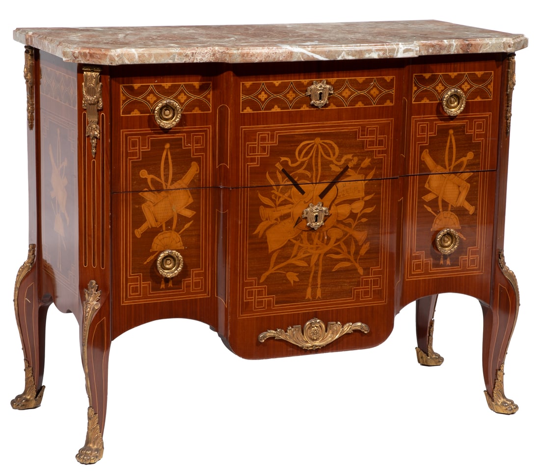 Louis XV/XVI-Style Bronze Mounted Marquetry and Mahogany Commode (1 of 5)
