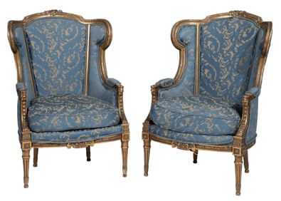 Pair of Louis XVI-Style Carved Giltwood Bergeres a Oreilles
