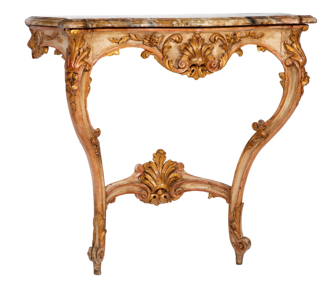 Louis XV-Style Parcel Gilt and Painted Console: Louis XV-Style Parcel Gilt and Painted Console 19th c., later paint, molded marble top, foliate frieze with center shell, cabriole stretchered legs, scrolled toes 39 x 38 x 18 in. (99.1 x 96.5 x 45.7