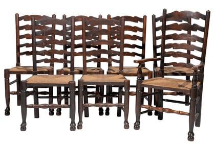 Set of Seven Yorkshire Carved Oak Dining Chairs