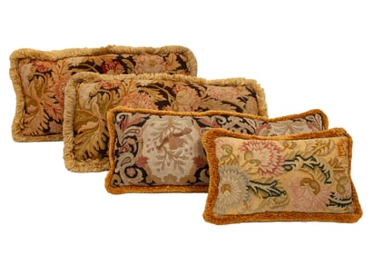 Group of Four Antique Needlepoint Pillows with Fringe Trim