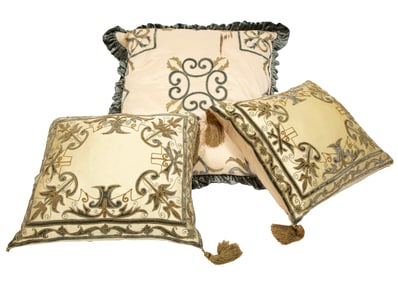 Group of Three Embroidered Silk Pillows