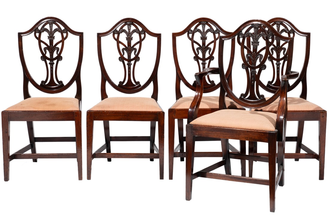 Set of Eight Hepplewhite-Style Carved Mahogany Shieldback Dining Chairs (1 of 5)
