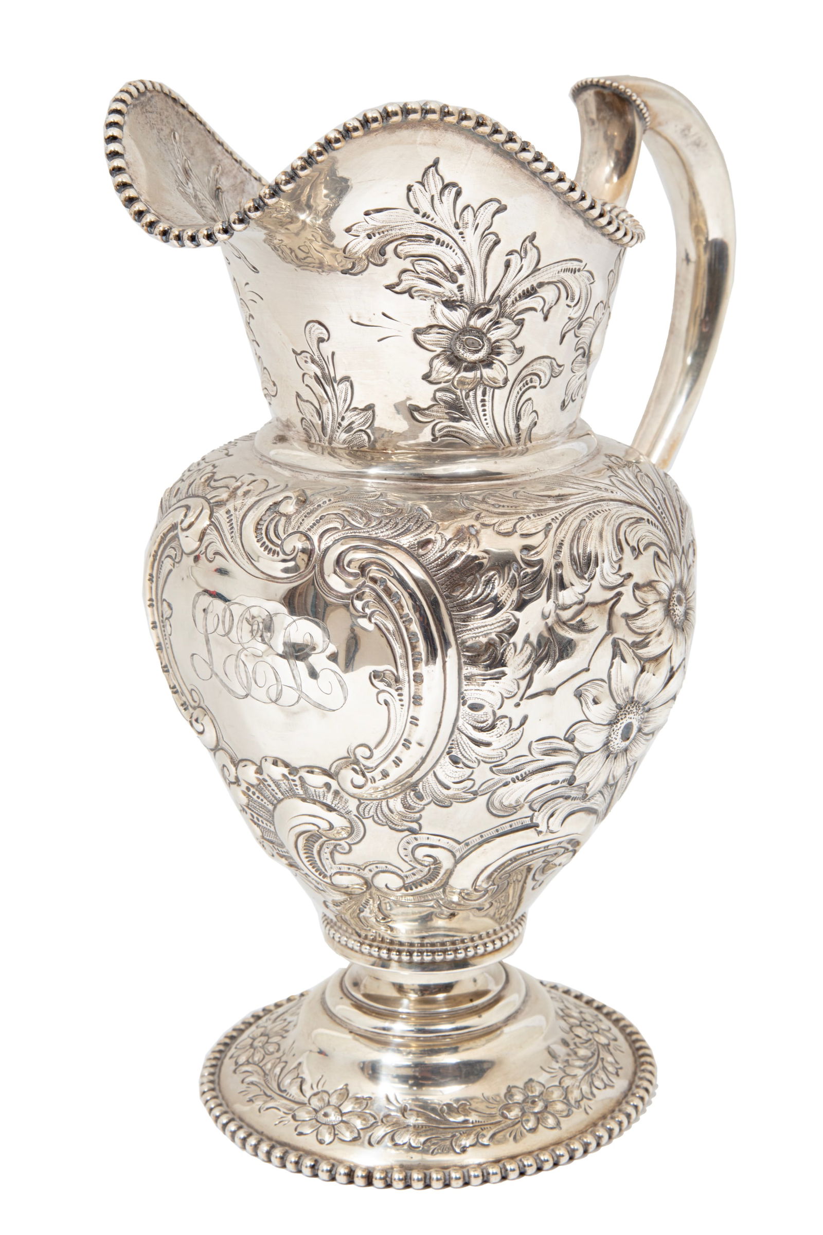 American Sterling Silver Water Pitcher: American Sterling Silver Water Pitcher, J.F. Fradley, New York, NY, act. 1866-1936, floral and scroll chasing, beaded borders, monogrammed cartouche, H. 10 1/2 in., weight 19.40 troy ozs.