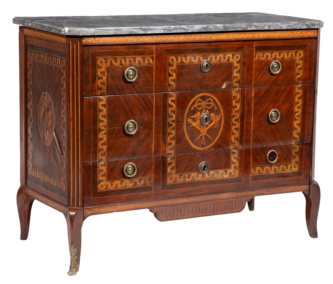 Louis-XV/XVI Bronze Mounted Marquetry and Mahogany Commode (1 of 6)