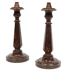 Pair of Continental Carved Porphyry Candlesticks