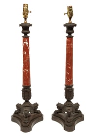 Pair of Charles X-Style Rouge Marble and Bronze Lamps
