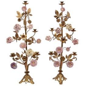 Pair of French Porcelain-Mounted Five-Light Girandoles