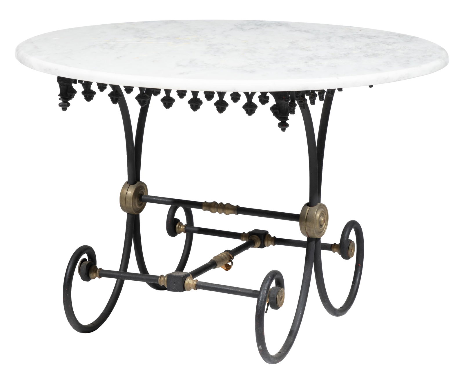French Wrought and Cast Iron Pastry Table: French Wrought and Cast Iron Pastry Table 19th c., later white marble top, fleur-de-lis apron, scrolled supports joined by stretchers, brass mounts 27 1/2 x 40 in. (69.9 x 101.6 cm.)