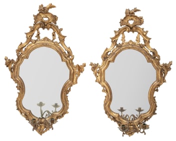 Pair of Louis XV-Style Giltwood Two-Light Mirrored Sconces