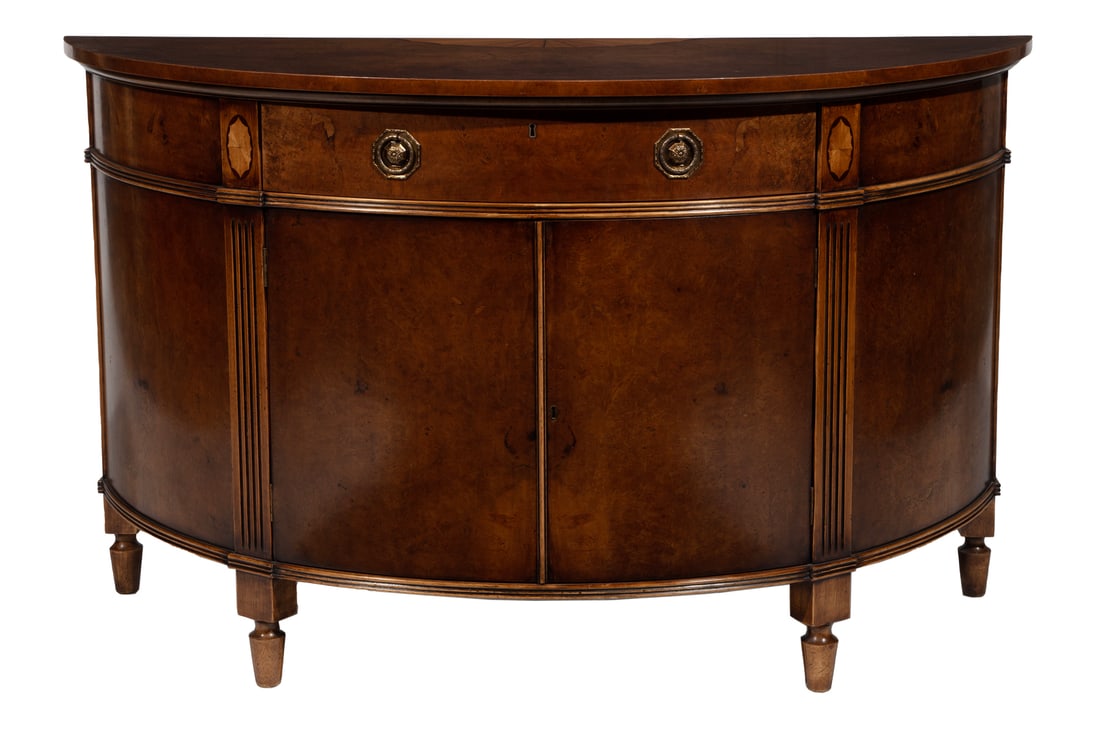 Georgian-Style Inlaid Burlwood Demilune Cabinet (1 of 4)