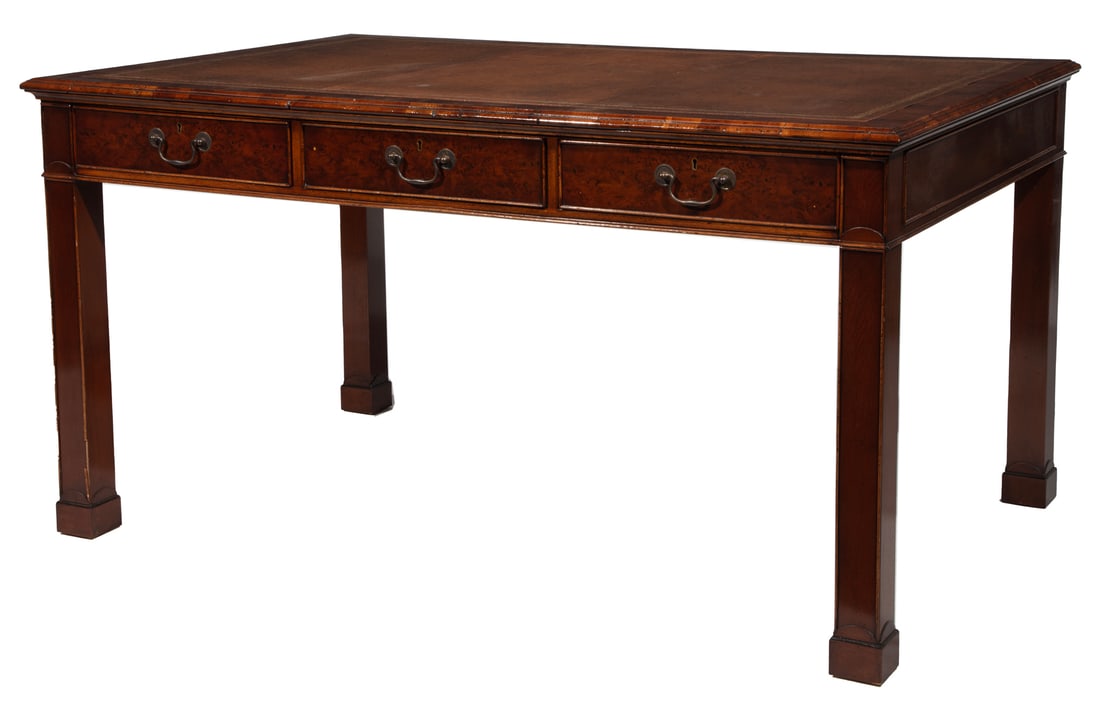 Georgian-Style Burl Walnut Partners Desk: Georgian-Style Burl Walnut Partners Desk 20th c., inset tooled leather top, three molded drawers on each side, square legs, block feet 31 x 60 x 39 in. (78.7 x 152.4 x 99.1 cm.)