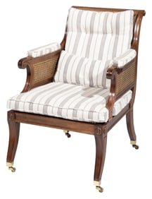 Regency-Style Carved Mahogany and Cane Library Armchair