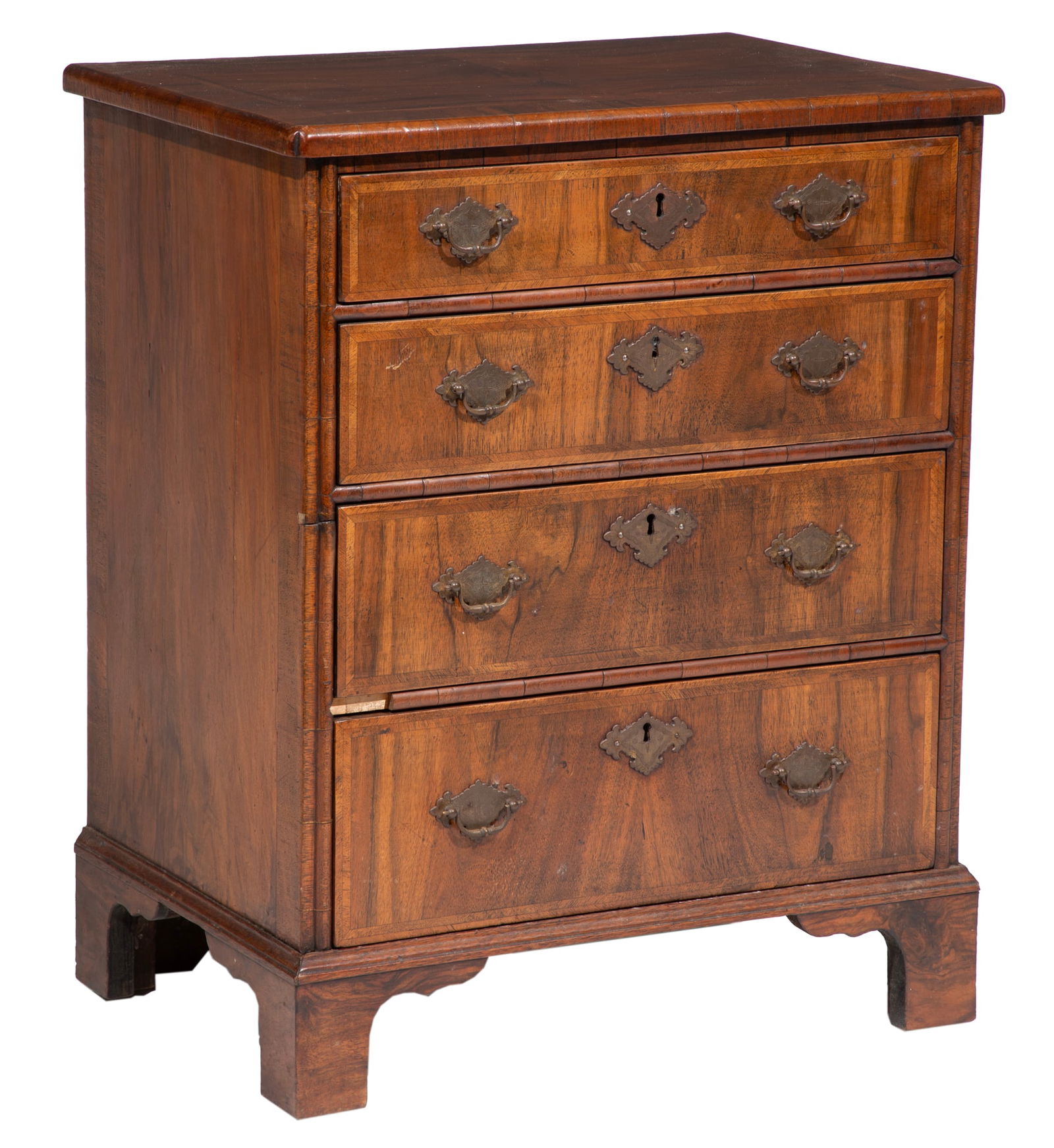 Diminutive Georgian-Style Inlaid Walnut Chest of Drawers: Diminutive Georgian-Style Inlaid Walnut Chest of Drawers Late 19th c., banded top, four graduate drawers, molded base, bracket feet 27 3/4 x 22 1/2 x 15 1/2 in. (70.5 x 57.2 x 39.4 cm.) Provenance: He