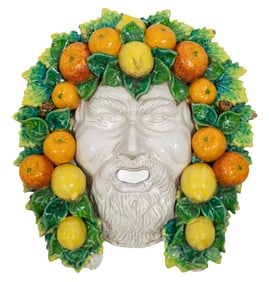 Large Della Robbia-Style Majolica Bacchus Wall Mask