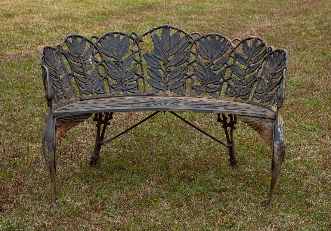 American Cast-Iron "Laurel Leaf" Garden Bench: American Cast-Iron "Laurel Leaf" Garden Bench marked "HART", possibly for Hart Company, Atlanta, GA, griffin legs 28 x 44 x 30 in. (71.1 x 111.8 x 76.2 cm.)