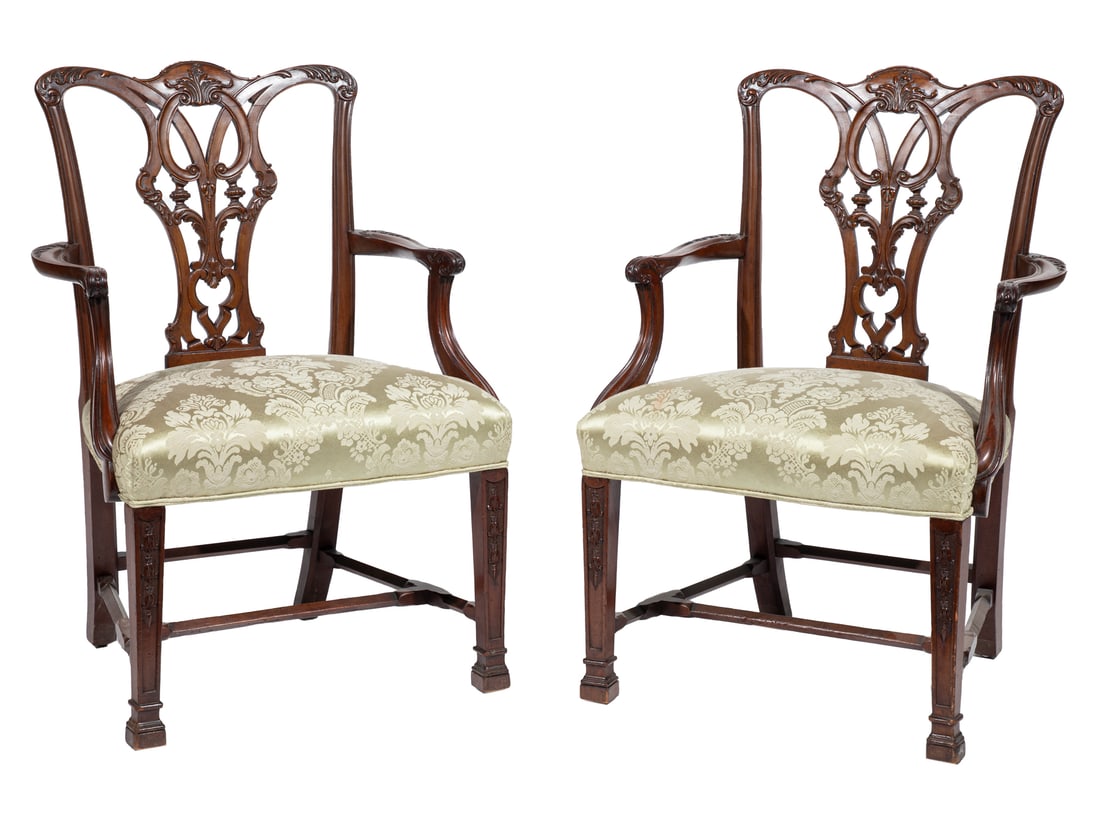 Pair of English Chippendale-Style Carved Mahogany Armchairs (1 of 4)