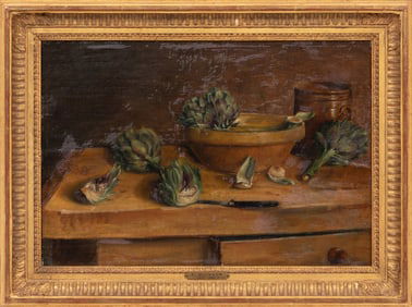 François Bonvin, French 1817-1887, “Still Life with Artichokes”, oil on canvas laid