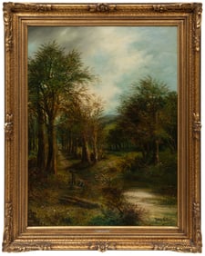 James Wallace, Scottish 1872-1911, "Wood Gatherers by a Stream", oil on canvas laid on masonite