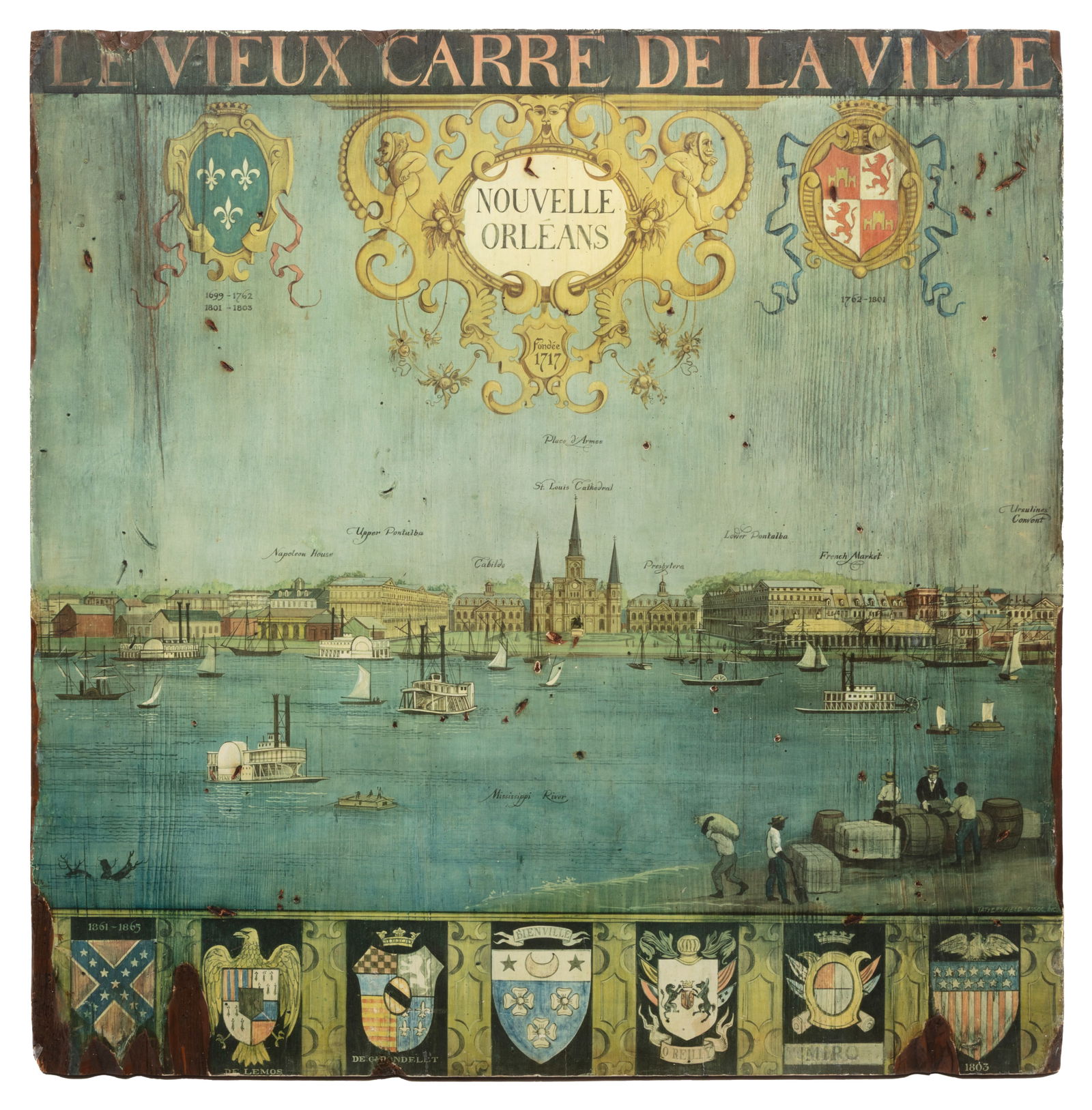 [View of New Orleans] 20th c., "Le Vieux Carr? de La Ville, Nouvelle Orl?ans", chromolithograph laid (1 of 2)