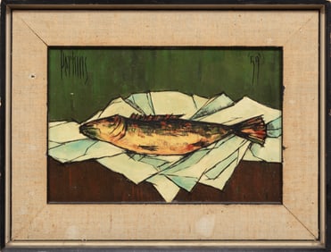 Philip R. Perkins, American/Illinois 1914-1968, "Still Life of Fish", oil on masonite
