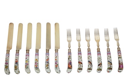 Victorian Sterling Silver Gilt and Porcelain Fruit Service