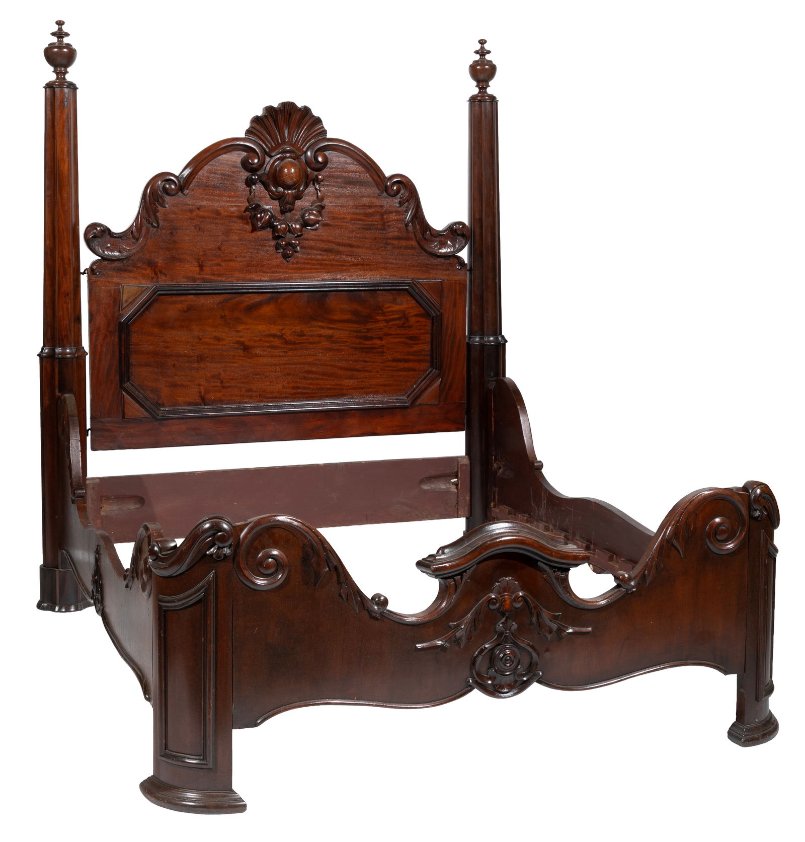 American Rococo Carved Mahogany Bedstead: American Rococo Carved Mahogany Bedstead , 19th c., Stamped C. Lee 480, paneled headboard with cartouche crest, conforming rails, low foot board 83 x 65 x 80 in. (210.8 x 165.1 x 203.2 cm.)