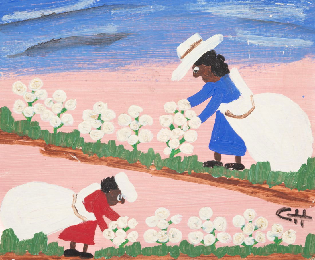 Clementine Hunter, American/Louisiana 1886-1988, ?Cotton Picking?, oil on board (1 of 2)