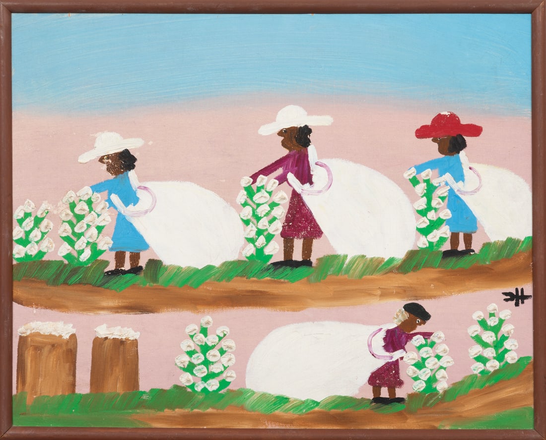 Clementine Hunter, American/Louisiana 1886-1988, "Picking Cotton", oil on canvas board (1 of 3)