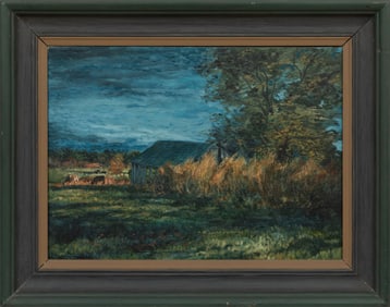 Alan Flattmann, American/Louisiana b. 1946, ?Landscape with Barn and Cattle?, oil on burlap