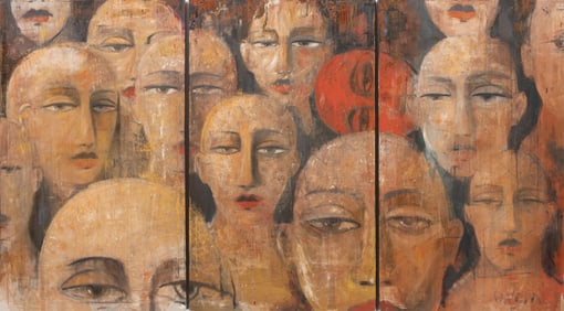 David Harouni, Iranian/Louisiana b. 1962, "Faces Triptych", 3 oils on gallery-wrapped canvas