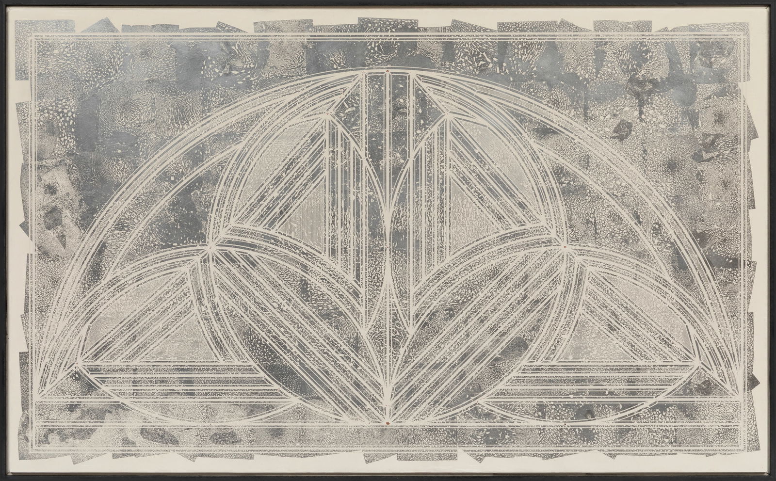 George Bauer Dunbar, American/Louisiana 1927-2024, "Bridge", palladium leaf on white and red clay: George Bauer Dunbar American/Louisiana 1927-2024 "Bridge" palladium leaf on white and red clay signed lower right and lower left, framed. 23 7/8 x 38 7/8 in. (60.6 x 98.7 cm.), Frame: 25 x 40 x 2 in.