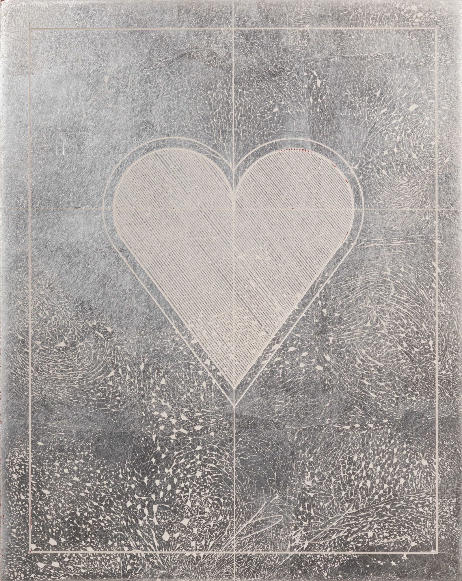 George Bauer Dunbar, American/Louisiana 1927-2024, "Heart", palladium leaf, white and red clay on: George Bauer Dunbar American/Louisiana 1927-2024 "Heart" palladium leaf, white and red clay on board signed lower left, unframed. 10 x 8 in. (25.4 x 20.3 cm.)